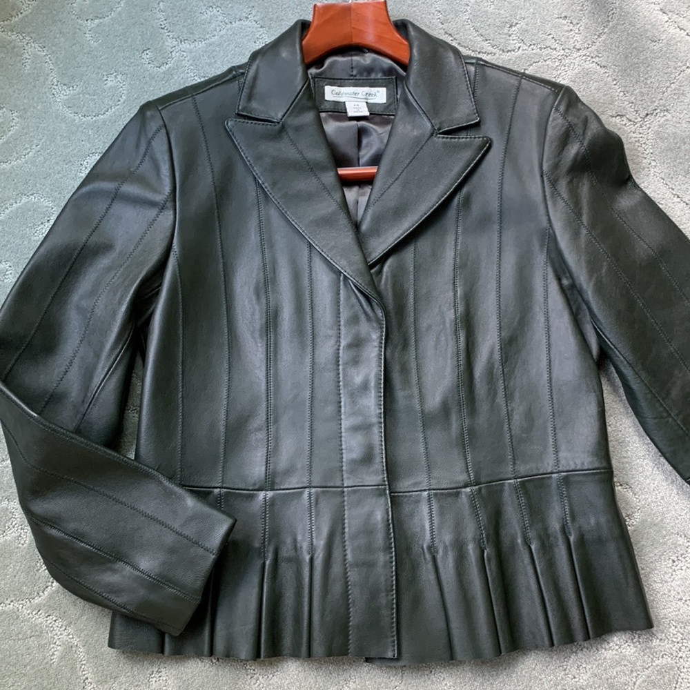 Coldwater Creek Green Leather Jacket with Pleated Peplum size 4 Petite